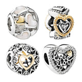 14K Silver 925 Beads For Bracelets DIY Family Love Heart Teddy Bears Charms