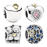 14K Silver 925 Beads For Bracelets DIY Family Love Heart Teddy Bears Charms