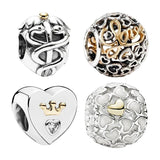 14K Silver 925 Beads For Bracelets DIY Family Love Heart Teddy Bears Charms