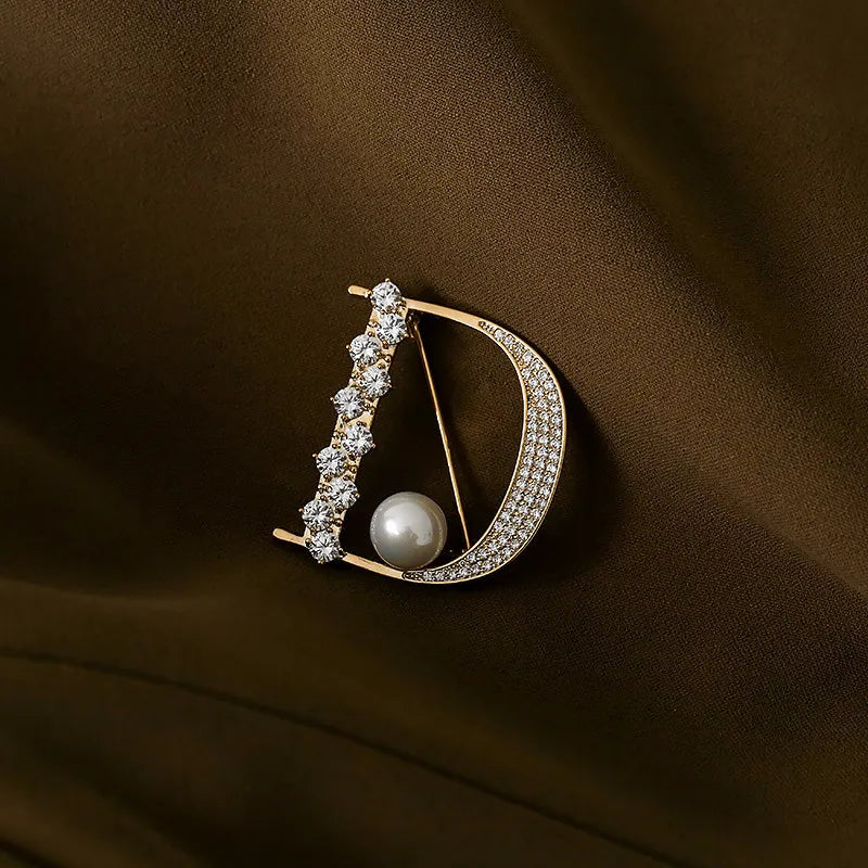 14K Plated Korea Pearl Zircon Letter D Brooch Women's Work Accessories