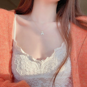 14K Real Bear Short Necklace with CZ Pearls for Women