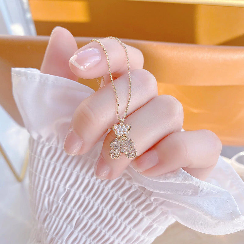 14K Real Bear Short Necklace with CZ Pearls for Women
