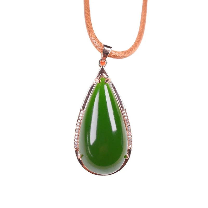 Rose Jade Water Drop Pendant Leather Necklace