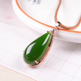 Rose Jade Water Drop Pendant Leather Necklace