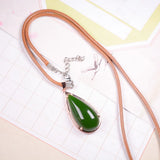 Rose Jade Water Drop Pendant Leather Necklace