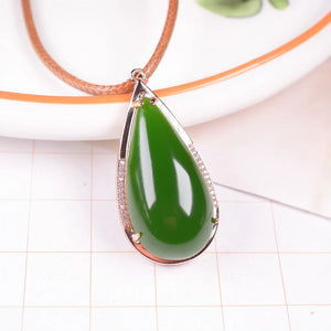 Rose Jade Water Drop Pendant Leather Necklace