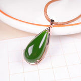 Rose Jade Water Drop Pendant Leather Necklace