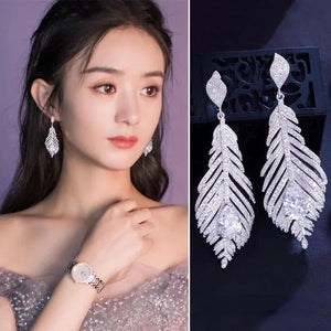 14K Feather Diamond Dangle Earrings for Women Wedding Bridal Engagement