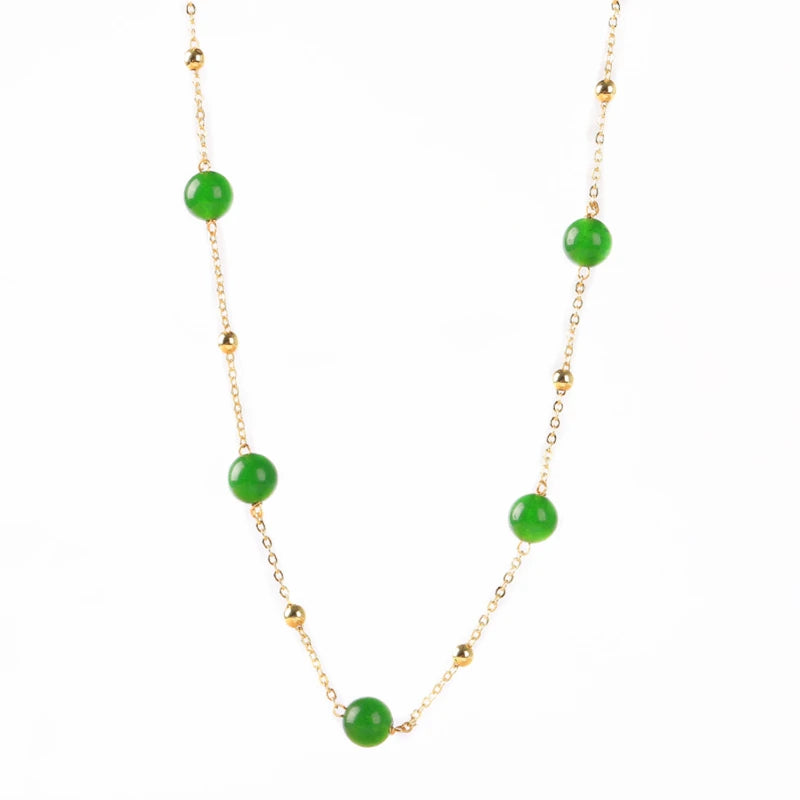 14K Yellow Injection Jade Bead Station Necklace Jewelry