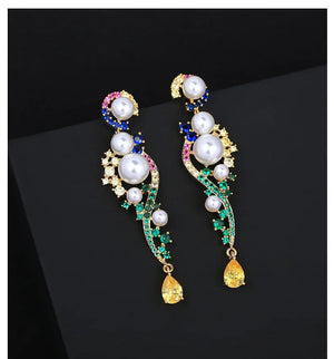 Vintage Freshwater Pearl Drop Earrings Yellow Plated Zircon Dangle Jewelry