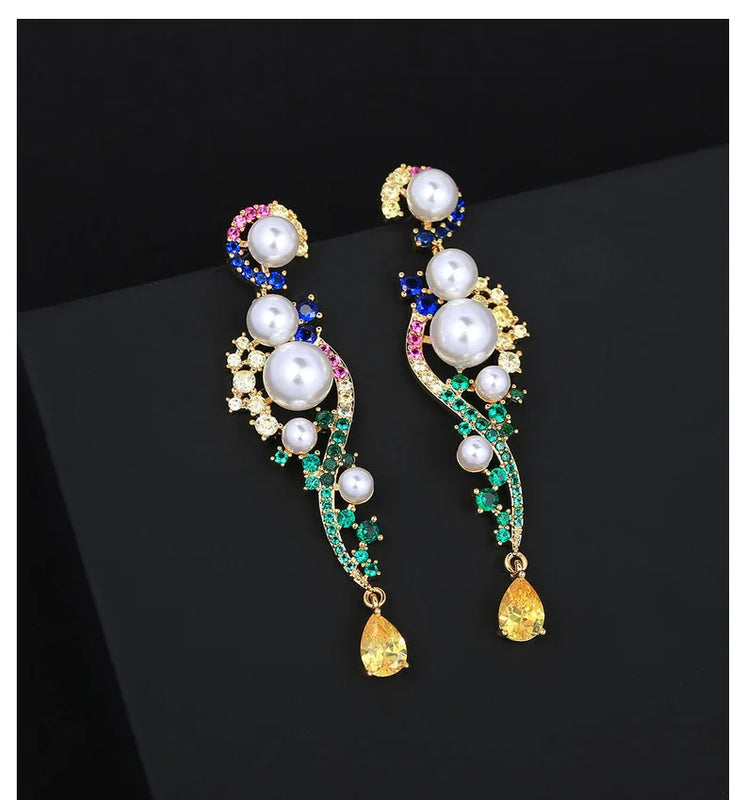 Vintage Freshwater Pearl Drop Earrings Yellow Plated Zircon Dangle Jewelry