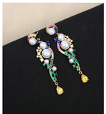 Vintage Freshwater Pearl Drop Earrings Yellow Plated Zircon Dangle Jewelry