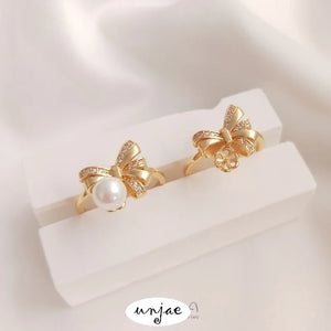 14K Pearl Ring Setting with Zircon Bowknot, DIY Semi-Hole Crystal Ring