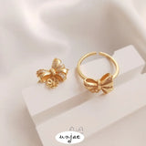 14K Pearl Ring Setting with Zircon Bowknot, DIY Semi-Hole Crystal Ring