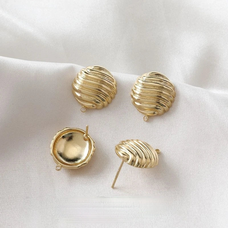 14K Gold-Clad Striped Surface Retro Silver Needle DIY Earrings