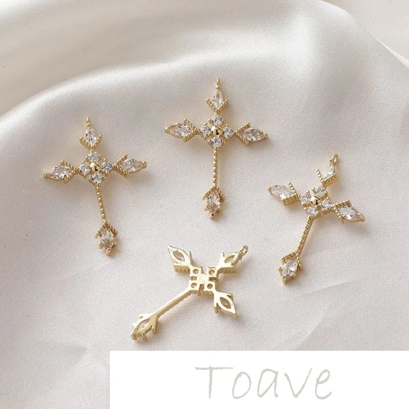 14K Gold-Covered Zircon Cross Pendant DIY Necklace Earrings