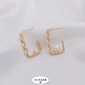 14K Gold-Covered Twisted Rectangular Earrings DIY Half-Hole Pearl Holder