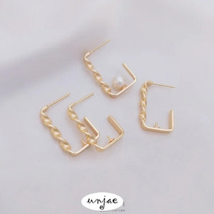 14K Gold-Covered Twisted Rectangular Earrings DIY Half-Hole Pearl Holder