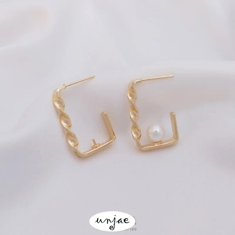 14K Gold-Covered Twisted Rectangular Earrings DIY Half-Hole Pearl Holder