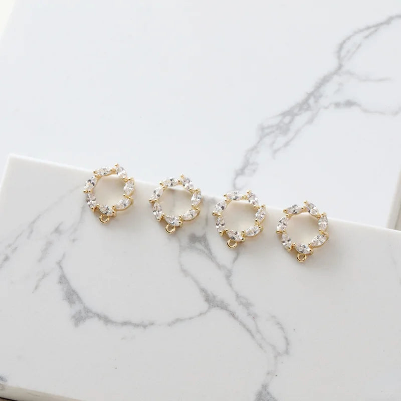 14K Gold Round Zircon Wreath Silver Needle DIY Earrings