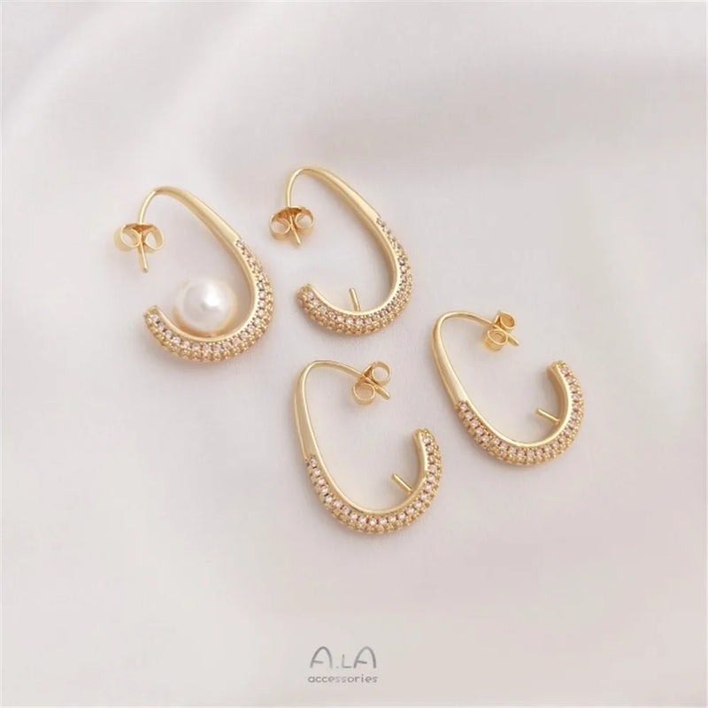 14K Micro-Inlaid Zircon Water Drop Bead Hook DIY Crystal Pearl Earpiece