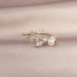 14K Gold-Plated CZ Zircon Leaves Pearl Ring for Women