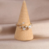 14K Gold-Plated CZ Zircon Leaves Pearl Ring for Women