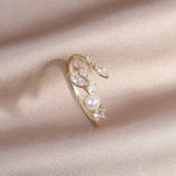 14K Gold-Plated CZ Zircon Leaves Pearl Ring for Women