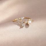 14K Gold-Plated CZ Zircon Leaves Pearl Ring for Women
