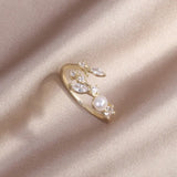 14K Gold-Plated CZ Zircon Leaves Pearl Ring for Women