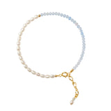 14KGF Stainless Steel Pearl Bracelet Aquamarine Charm Adjustable