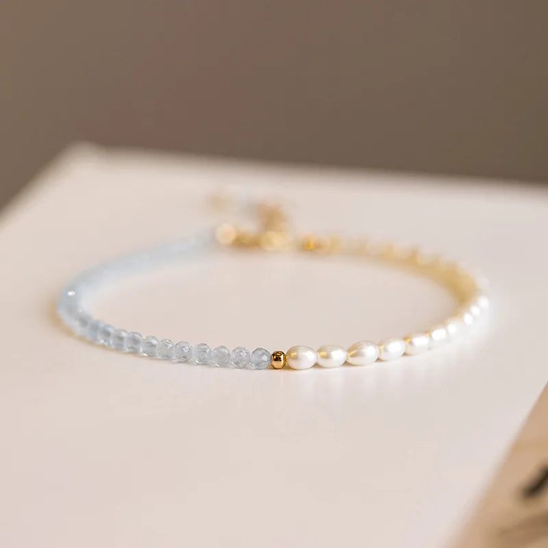 14KGF Stainless Steel Pearl Bracelet Aquamarine Charm Adjustable