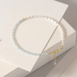 14KGF Stainless Steel Pearl Bracelet Aquamarine Charm Adjustable