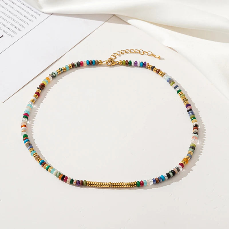 Colorful Natural Stone Beads Choker Necklace 14KGF Women's Jewelry