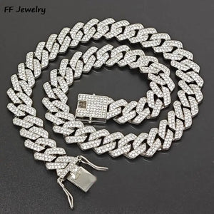 14MM Cuban Link Chain Hip Hop Men Necklace Iced Out Paris Chain 2 Row Rhinestone