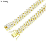 14MM Cuban Link Chain Hip Hop Men Necklace Iced Out Paris Chain 2 Row Rhinestone