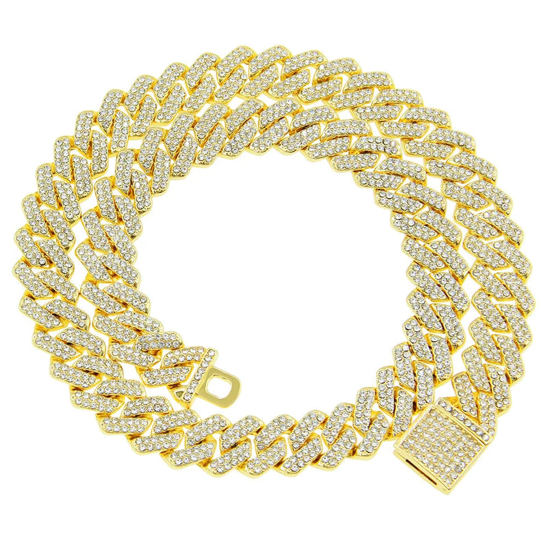 14MM Prong Cuban Link Chain 2 Row Rhinestone Paved Miami Rhombus Cuban Necklace