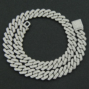 14MM Prong Cuban Link Chain 2 Row Rhinestone Paved Miami Rhombus Cuban Necklace