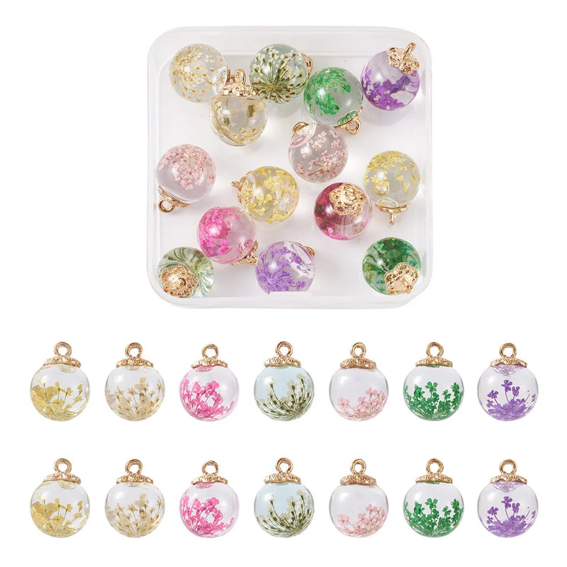 14Pcs Glass Pendants with Dried Flower Inside 20.5x16mm