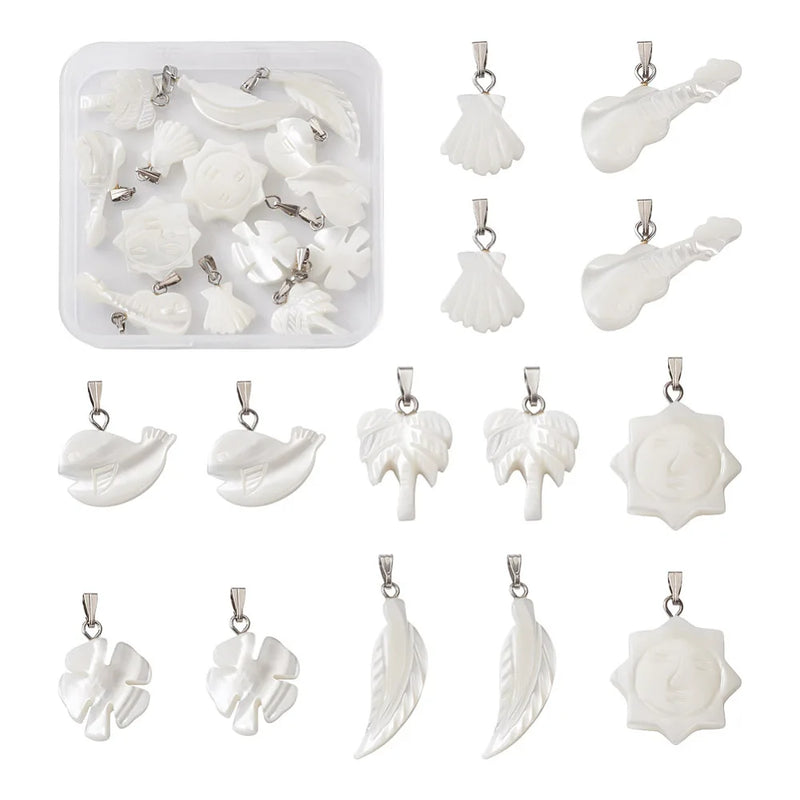 14Pcs Shell Pendants w/ Brass Findings for DIY Jewelry Making