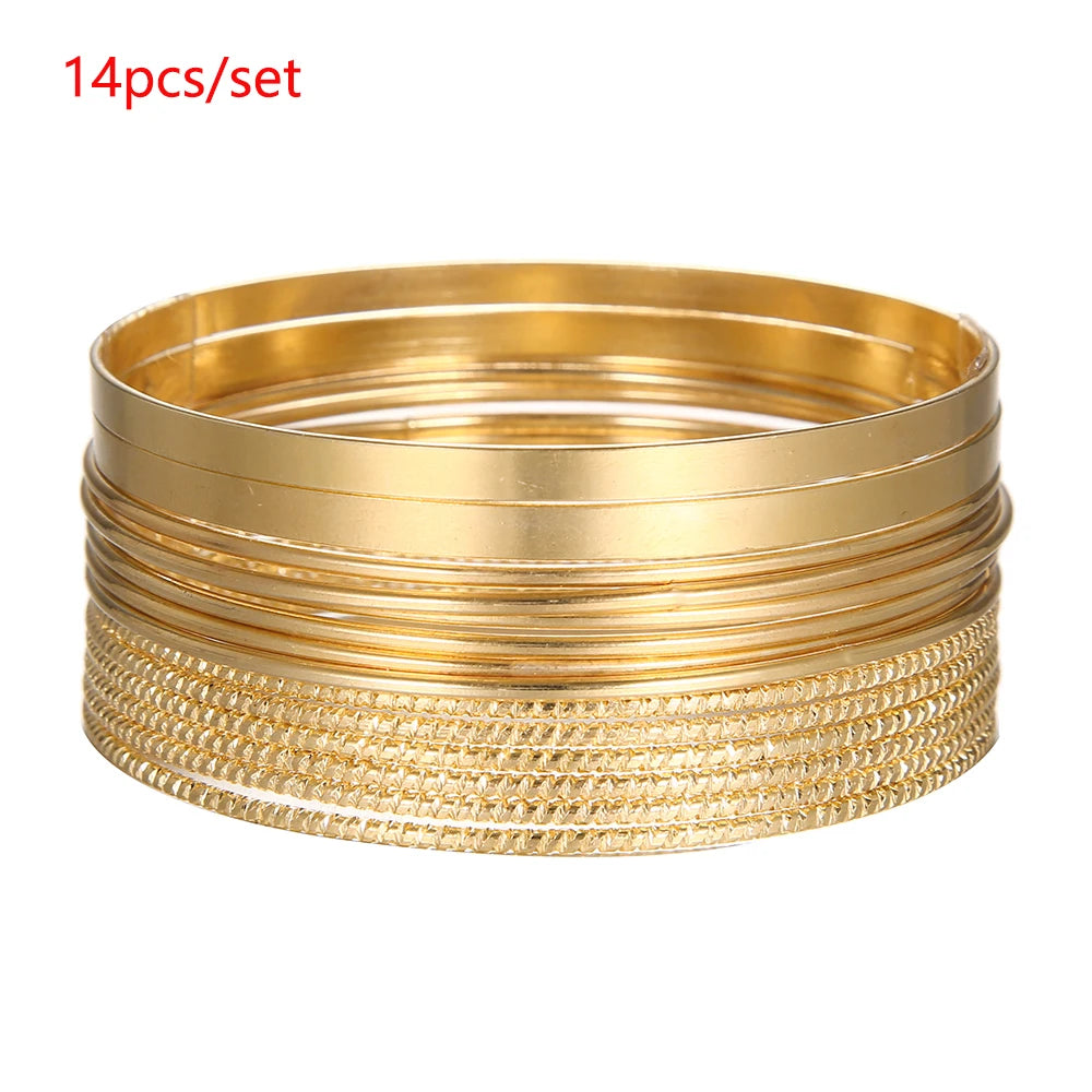 14Pcs Women Bracelets Bangle Sets Punk Bohemian Decorative Golden Cuff Metal