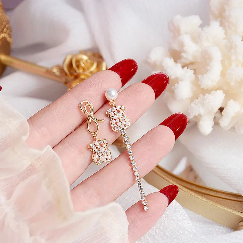 14k Electric Plating Asymmetrical Earrings Zircon Bear Accessories