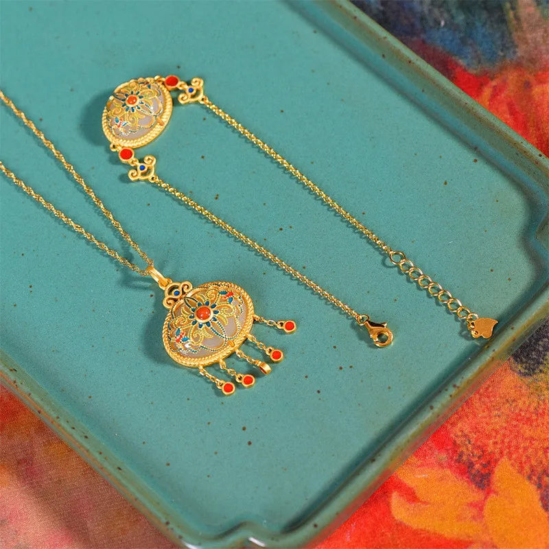 14k Vintage Carving Jade Gemstones Enamel Pendant Necklaces Chain Bracelets