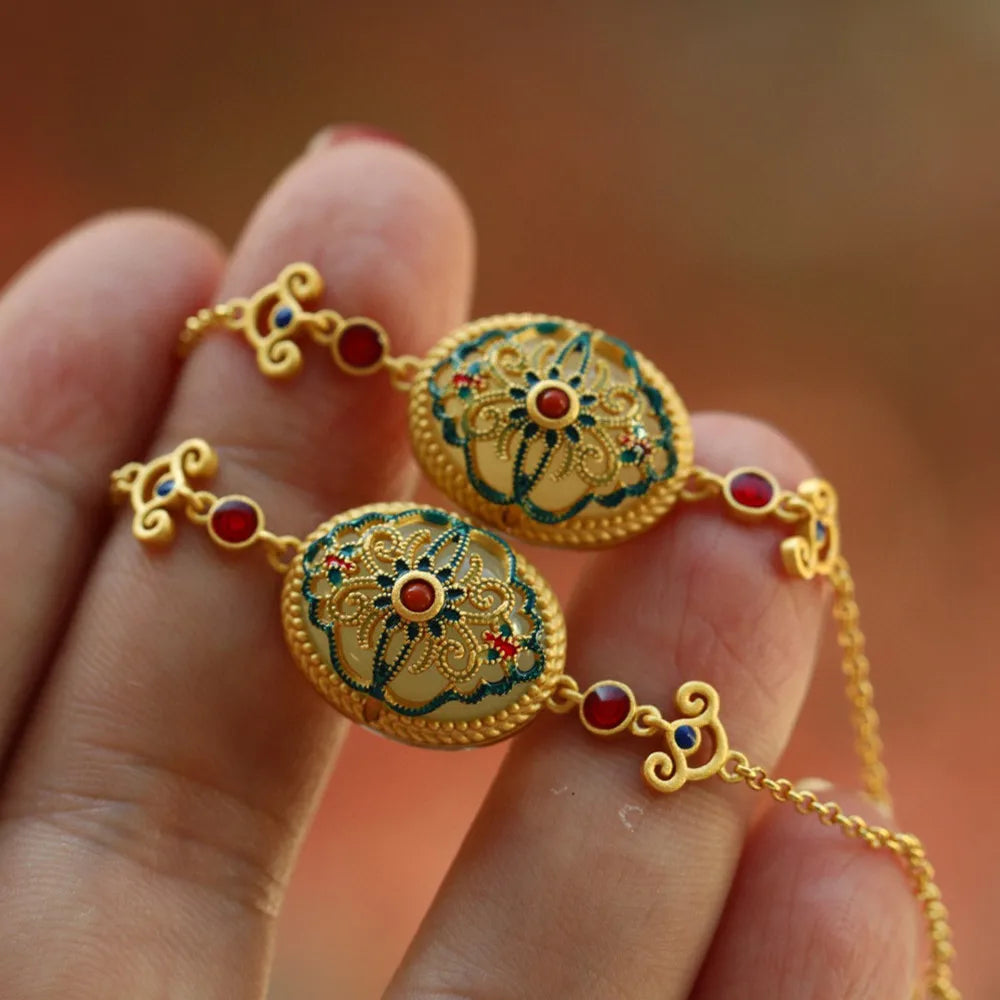 14k Vintage Carving Jade Gemstones Enamel Pendant Necklaces Chain Bracelets
