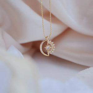 Star & Moon Zircon Chain Necklace, 14k Plated Fine Jewelry