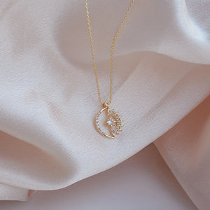 Star & Moon Zircon Chain Necklace, 14k Plated Fine Jewelry