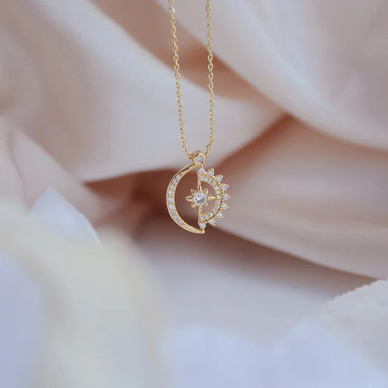 Star & Moon Zircon Chain Necklace, 14k Plated Fine Jewelry
