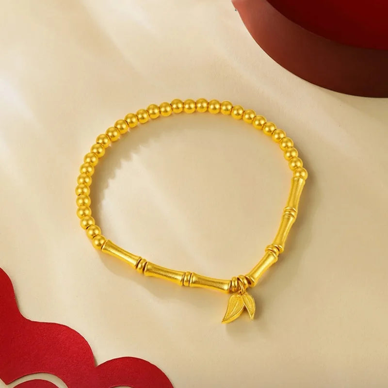 14k Real Lucky Bamboo Golden Bead Women Bride Wedding Bangle