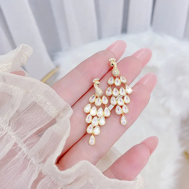 14k Plated Peacock Earrings with Zircon Inlay