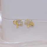 14k Ginkgo Biloba CZ Crystal Stud Earrings Wedding Jewelry Accessorie